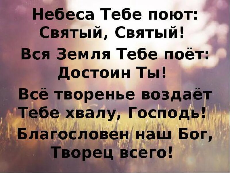 Благословляю минус. Благословен Господь Бог наш. Небеса тебе поют Святый. Вся земля хвалу поет. Я хвалу тебе пою Господь.