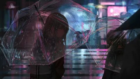 Download wallpaper 2560x1440 girl, umbrella, anime, rain, st