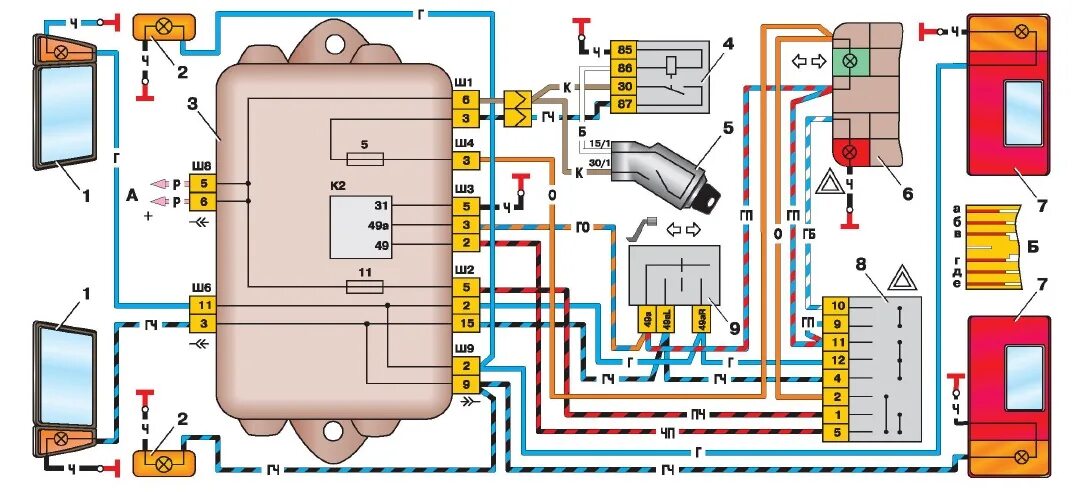 Схема электрооборудования поворотников ВАЗ 2109. Схема поворотников ВАЗ 2108. Схема указателей поворотов и аварийной сигнализации на ВАЗ-2109. Схема поворотников ВАЗ 2109.