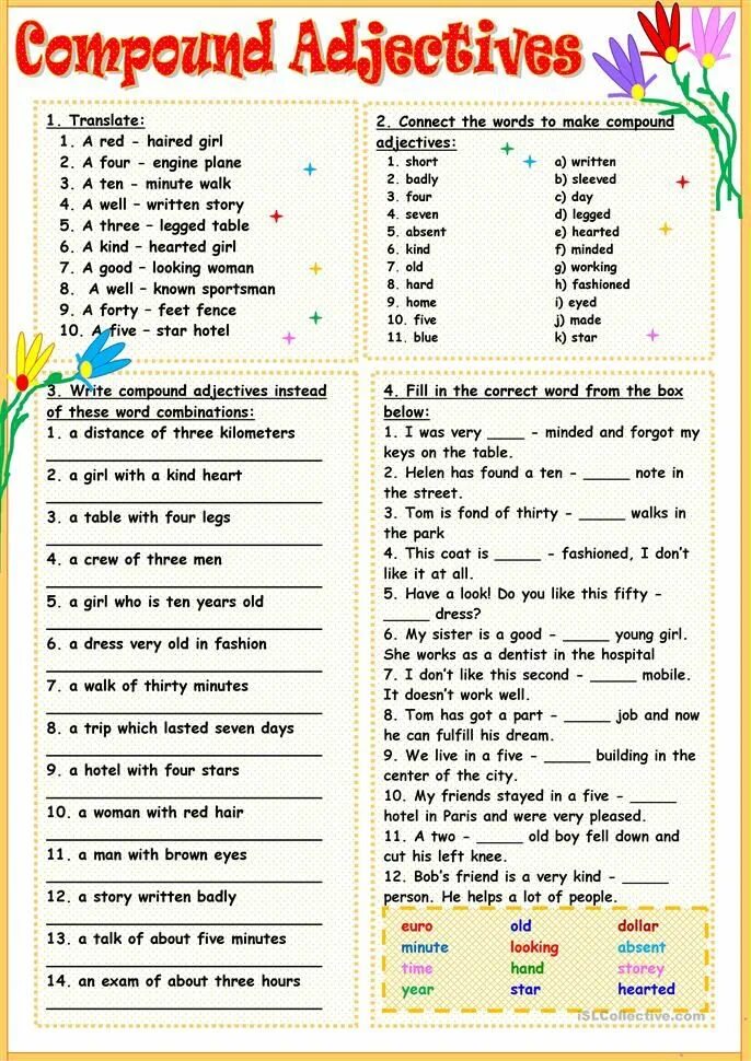 Choose the correct synonym for each adjective. Составные прилагательные в английском языке. compound adjectives в английском. compound words упражнения. compound nouns в английском упражнения.