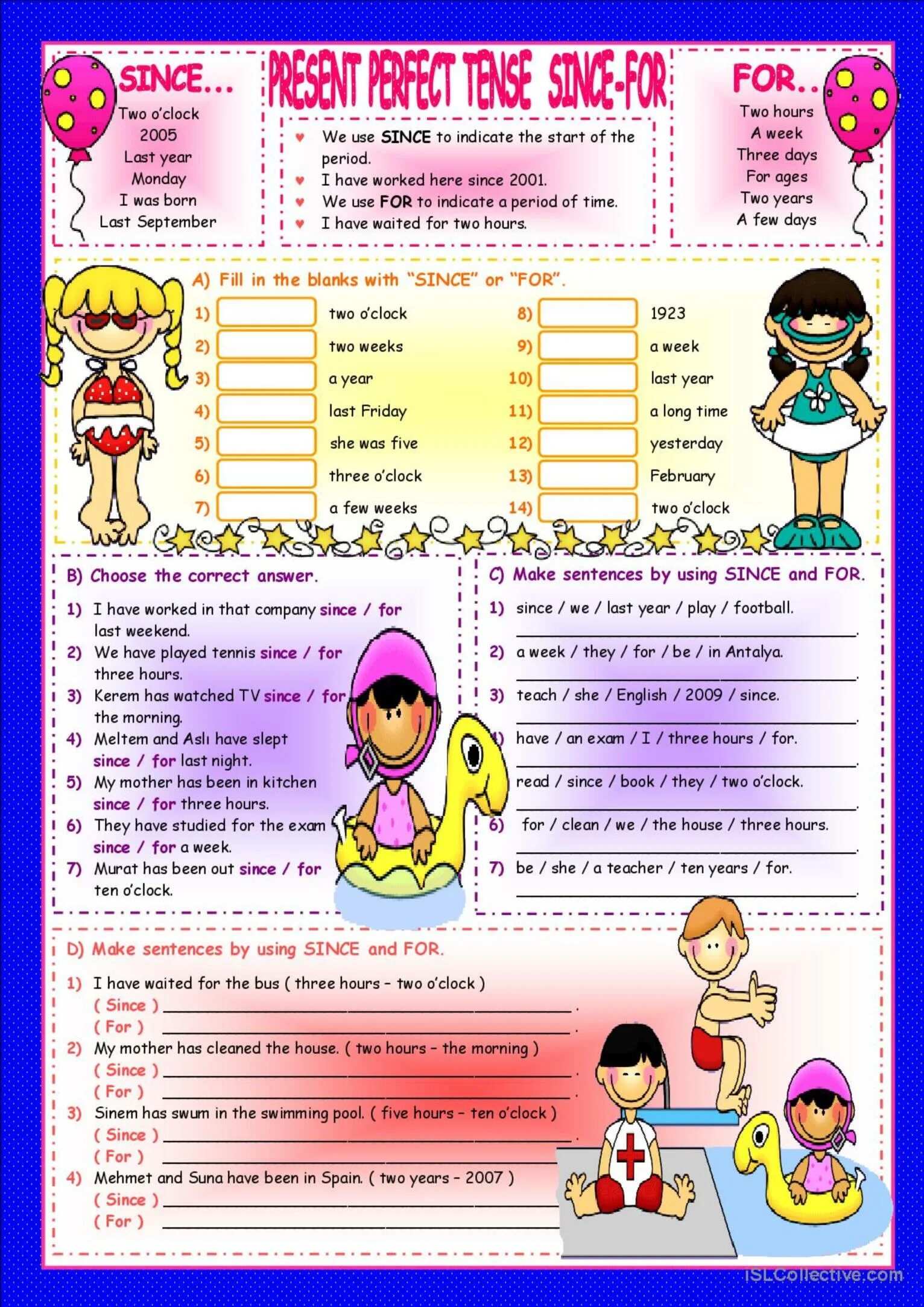 Задания на for since. Present perfect since for упражнения. For since ago упражнения. Worksheets for present perfect.