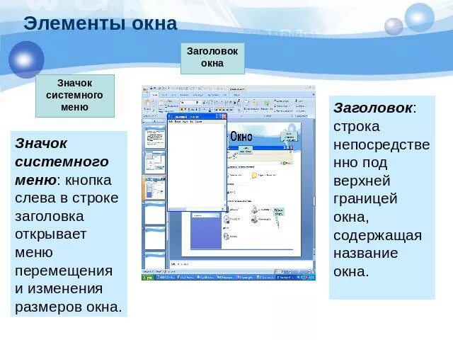 Строка под верхней границей окна содержащая название окна. Системное меню окна. Кнопка системного меню окна. Заголовок окна содержит.