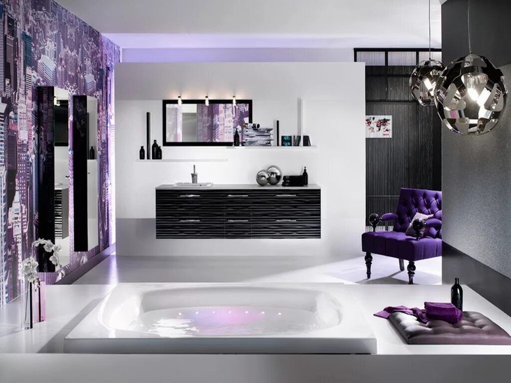 Ремонт ди. Стильная ванная комната. Интерьер в сиреневых тонах. Фиолетовая ванная комната. Сиреневая ванная комната.