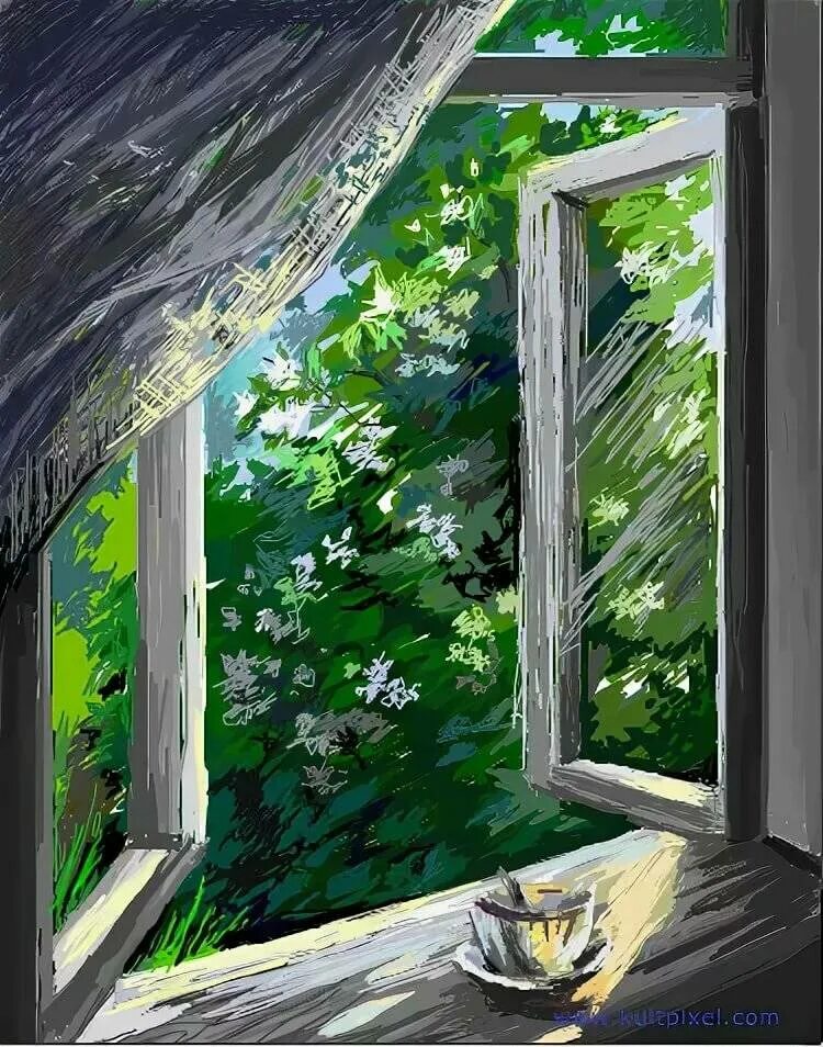 Окно живопись. Открытое окно. Пейзаж в окне. Распахнутое окно. Ветер воет за окном
