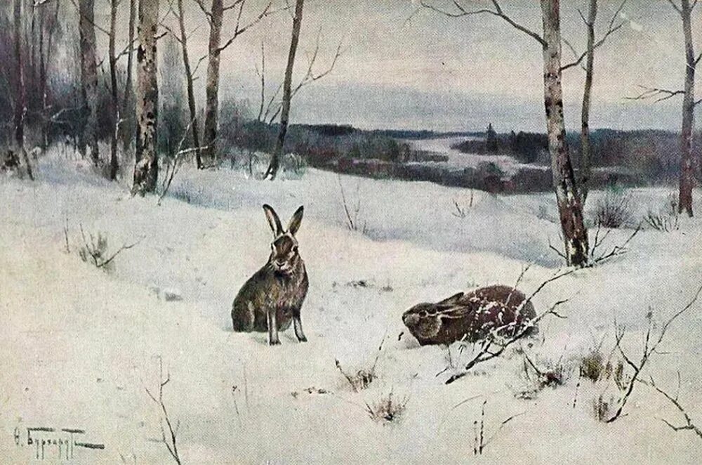 Рассказ по картине зайцы в старшей. Картина зайцы в зимнем лесу. Дикие животные п меньшиковой картина зайцы. Зайчик зимой живопись. Картины с дикими животными.