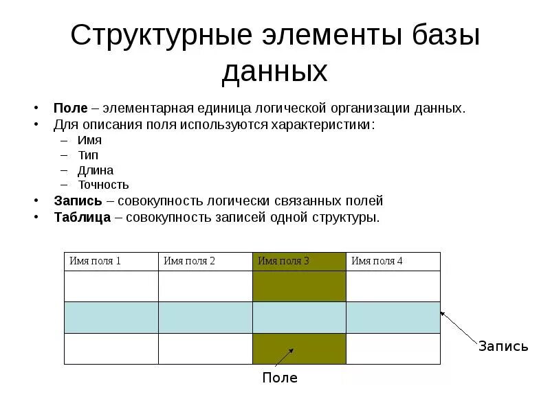 Подать данные по организации. Структурные элементы баз данных. Структурные элементы базы данных поле. Структурные компоненты базы данных. Основные структурные элементы БД.