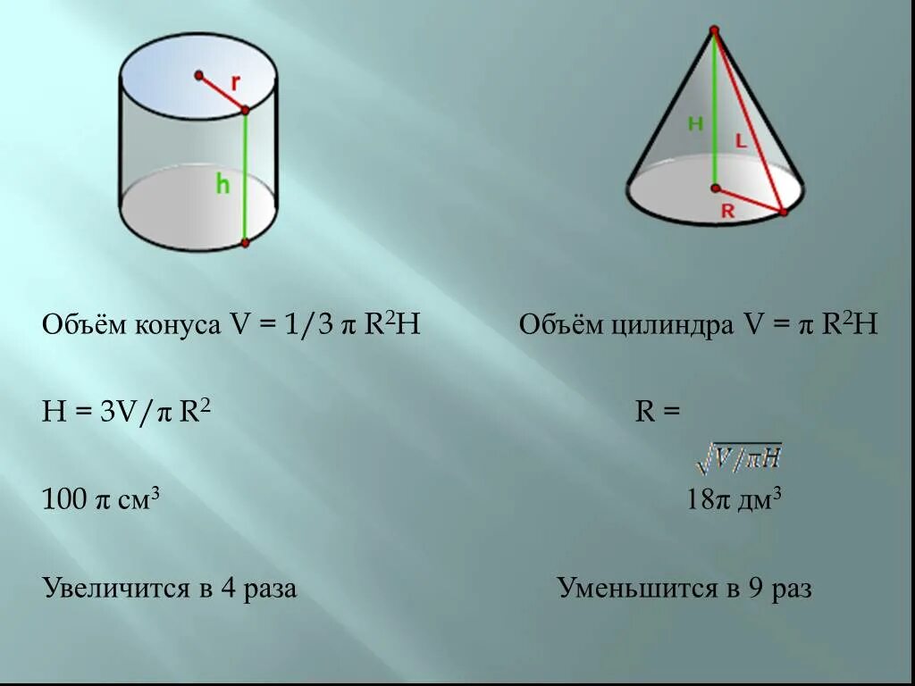 В объеме в три раза. Объем цилиндра и конуса. Объем конуса и объем цилиндра. Объем цилиндрического конуса. Формула объема конуса и цилиндра.