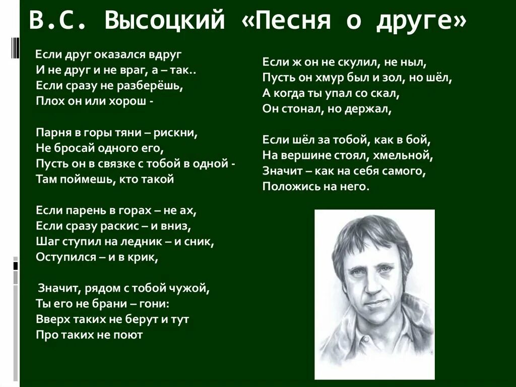 Стих Высоцкого если друг оказался. Стихотворение Высоцкого о друге. Стихи Высоцкого о дружбе. Высоцкий стихи о друге. Кто поет того горе не берет значение