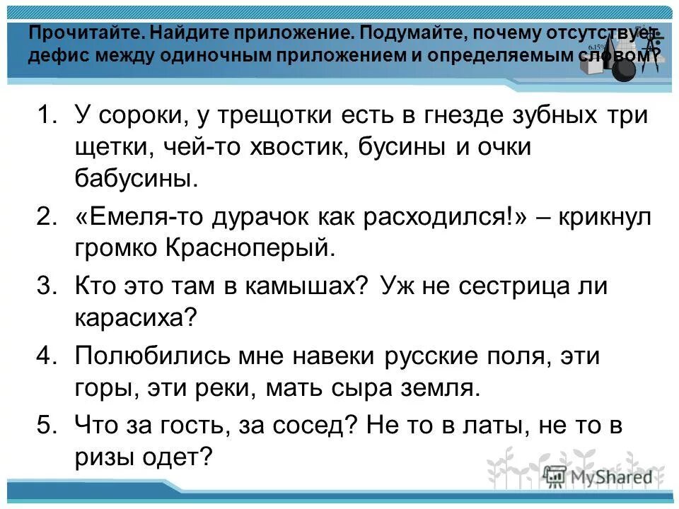 предложения с одиночными приложениями