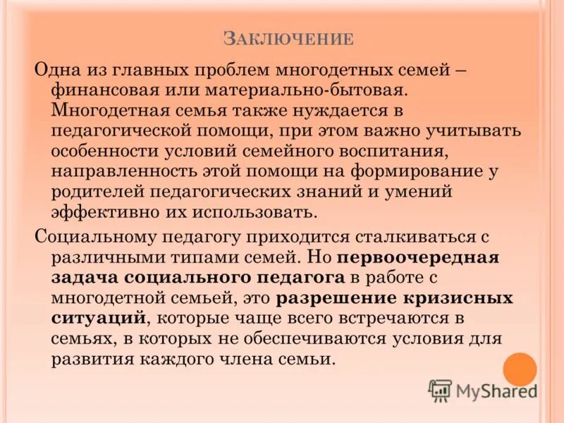 Материально бытовые условия семьи. Вывод по проблемам многодетных семей.