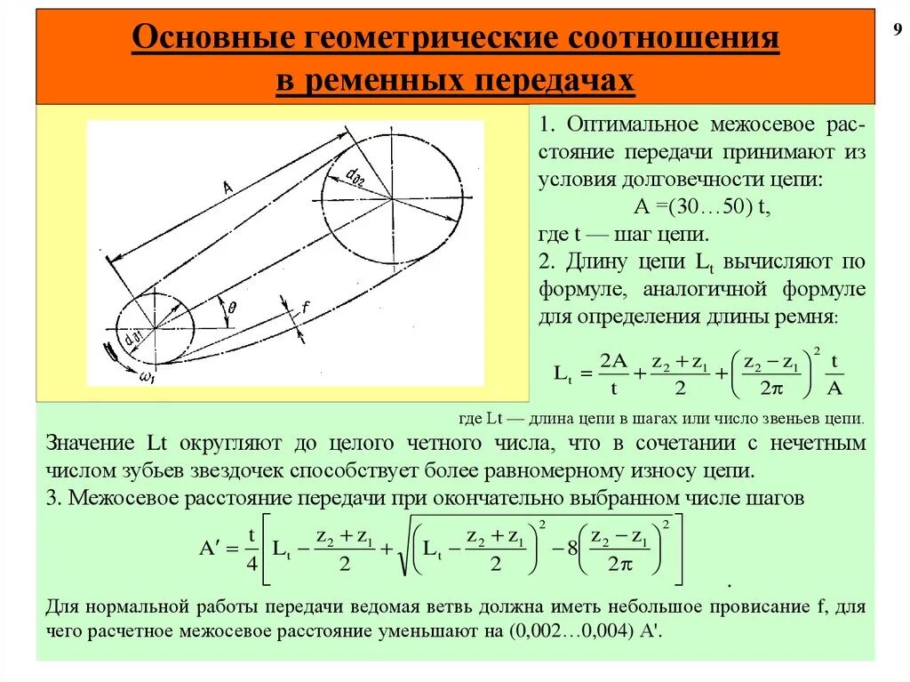 Определить межосевое расстояние передачи. Основные геометрические соотношения в цепных передачах. Основные геометрические соотношения ременных передач. Межосевое расстояние цепной передачи. Определить межосевое расстояние цепной передачи.