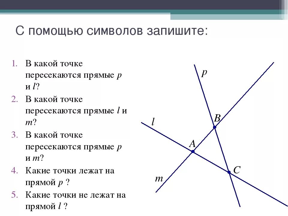 Пересечение прямых 7 класс. Прямые пересекаются в точке. Символ пересечения прямых. Пересекающиеся прямые 7 класс.