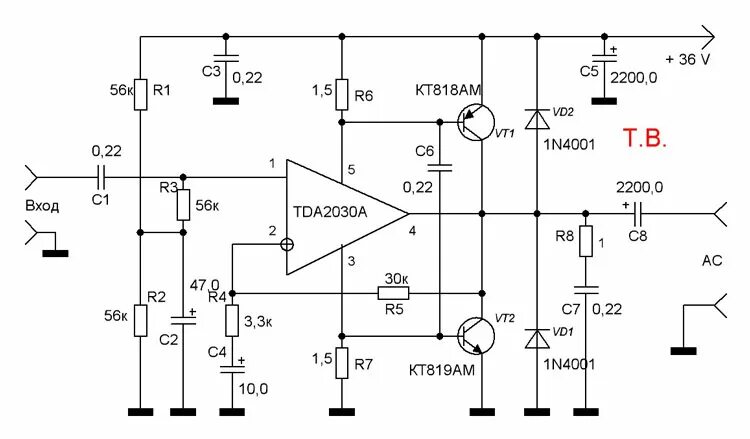 Усилитель с однополярным питанием. Усилитель мощности на тда 2030а. Схема усилителя мощности tda2030. Tda2030a схема усилителя. Усилитель мощности НЧ на микросхеме тда 2030.