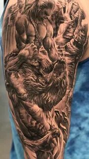 Hercules vs Nemean lion upper arm tattoo Tatuagem de manga, 