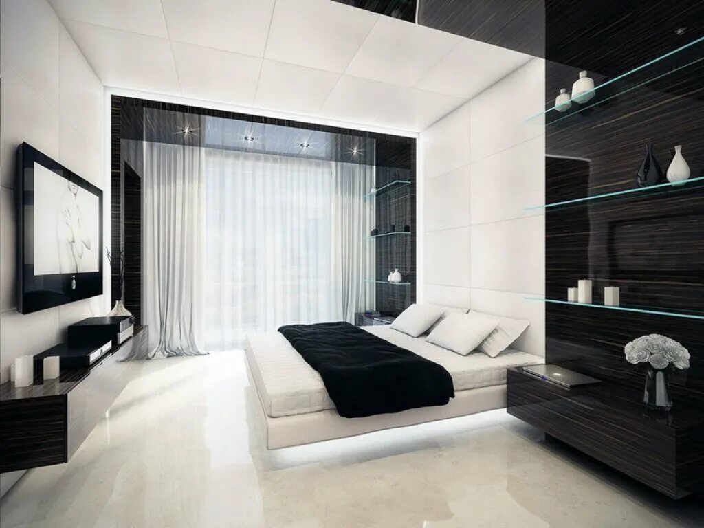 Стиль интерьера хай. Спальня белая в стиле хайтек. Спальни в стиле Минимализм и хайтек. Спальня в современном стиле. Черно белый интерьер спальни.