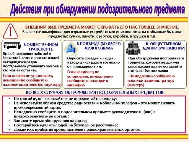 Действия работников при обнаружении подозрительных предметов. Памятка при обнаружении постороннего предмета. Действия при обнаружении подозрительных предметов и лиц. Памятка действия при обнаружении подозрительных предметов. Памятка алгоритм действий при обнаружении подозрительных предметов.