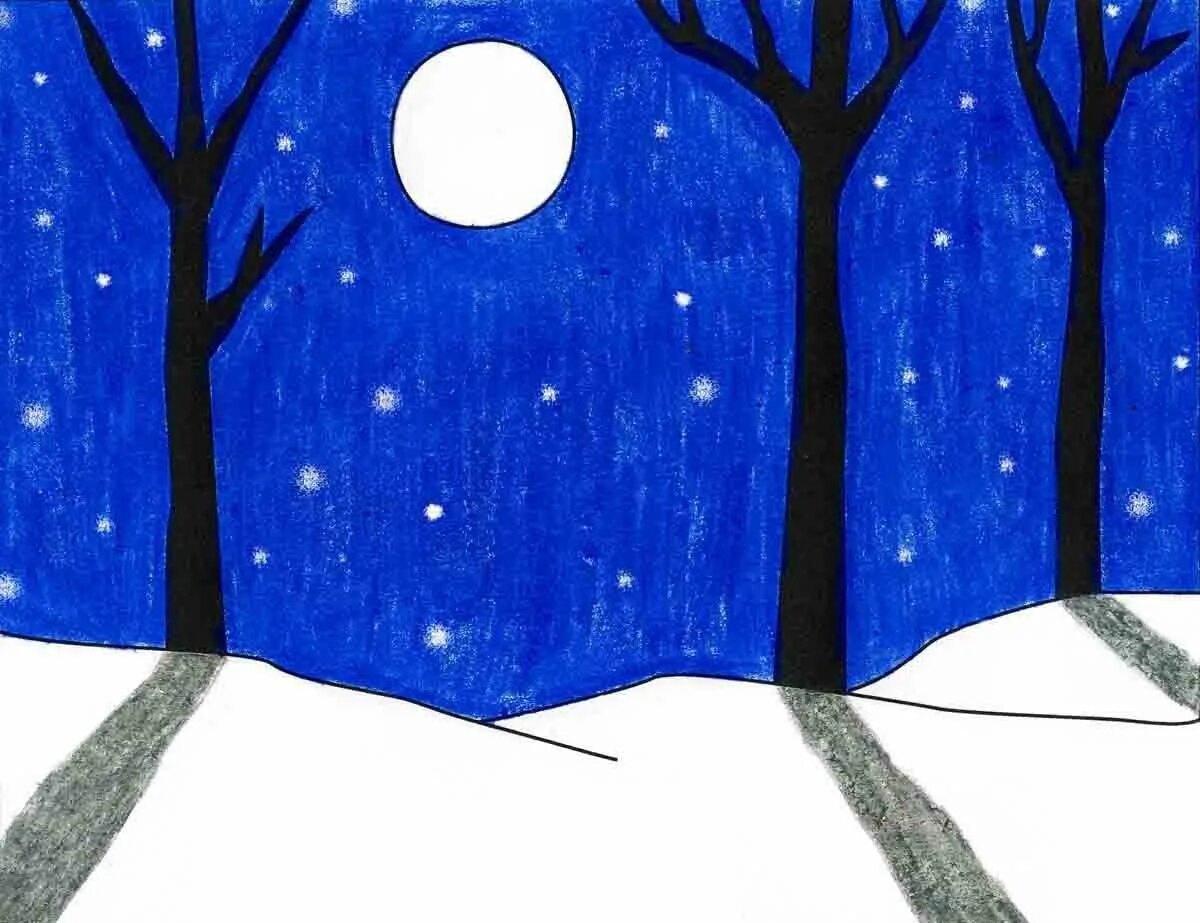 Зима рисунок. Рисование зимняя ночь. Рисование зима. Рисование зимний пейзаж. Соловьева день и ночь в подготовительной группе