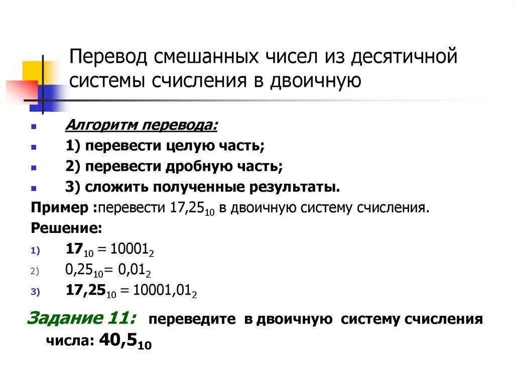 Алгоритм перевода из двоичной системы счисления в десятичную. Алгоритм перевода числа из двоичной системы счисления в десятичную. Алгоритм перевода десятичного числа в двоичное. Переведите смешанные десятичные числа. Система счисления алгоритм действий