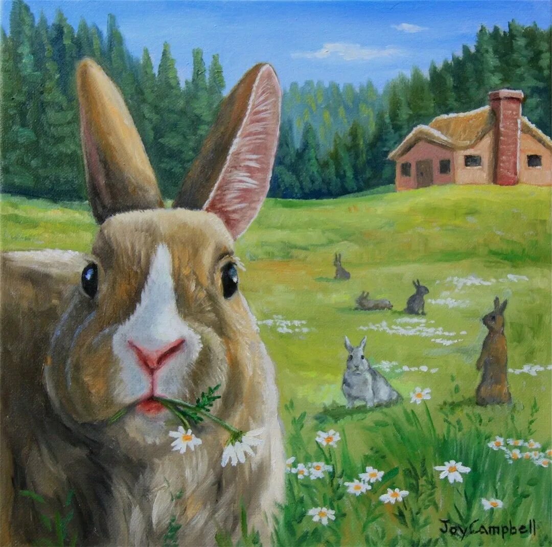 Включи хрум зайцы. Художница Джой Кэмпбелл кролики. Кролик живопись. Картина животные. Кролик в искусстве.