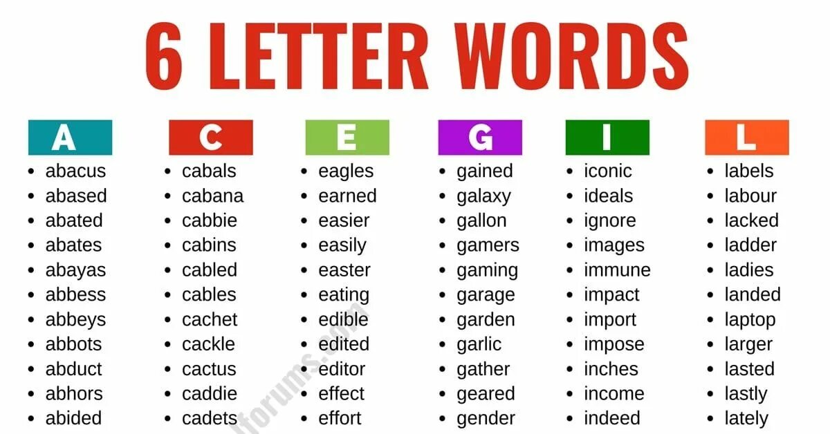 10 letters words. 6 Letter Words. 5 Letter Words. 4 Letter Words. Six Letter Words.