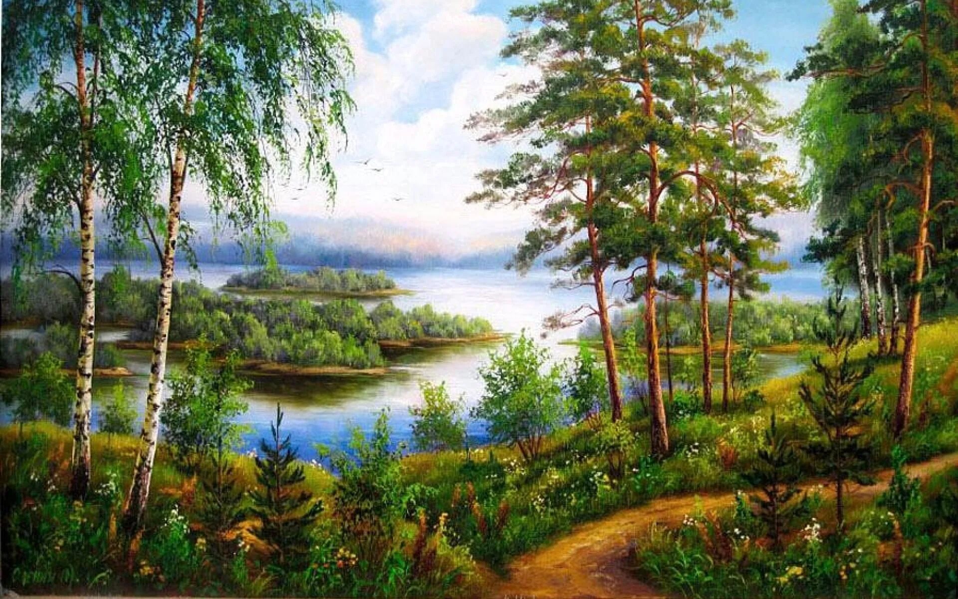 Картины пейзажи купить. Пейзажи березы река художницы Шарыгиной Ирины. Летний пейзаж. Летний пейзаж с рекой. Картина природа лес и озеро.