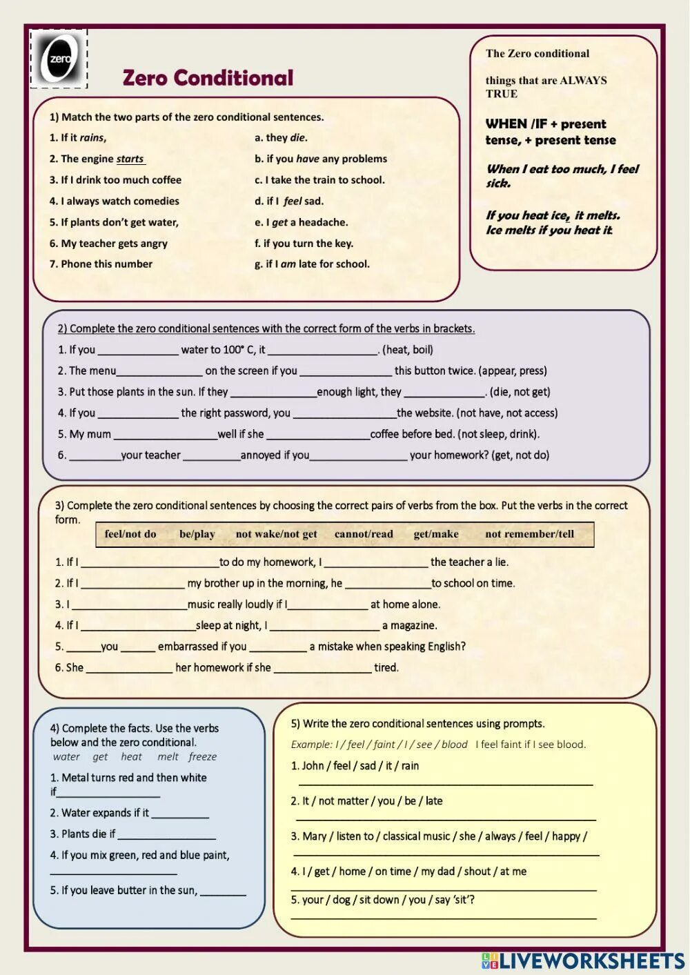 Conditionals liveworksheets. Zero conditional. Zero conditional Worksheets. Предложения с Zero conditional. Zero and first conditional exercises.