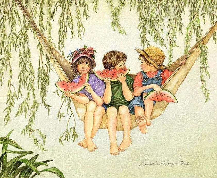 Красиво о детстве. Летние рисунки. Радостные иллюстрации. Лето иллюстрация для детей. Старинные открытки с детьми летом.
