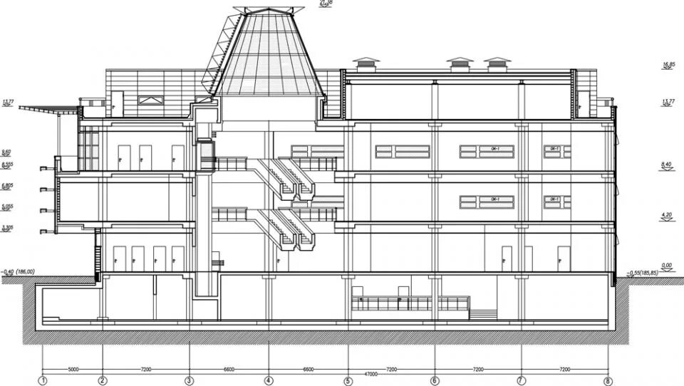 Фасад и разрез здания. План кровли торгового центра. Бизнес центр в разрезе. Разрез бизнес. Разрез бизнес.