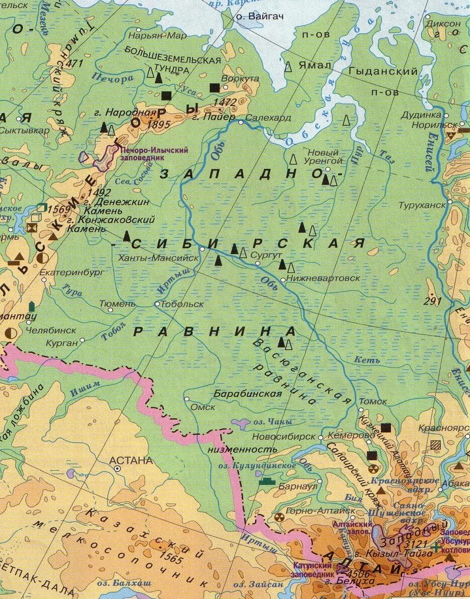 Западно Сибирская низменность на карте. Западно-Сибирская низменность на карте России. Низменности Западно сибирской равнины на карте. Физическая карта Западной Сибири. Самые высокие точки регионов россии