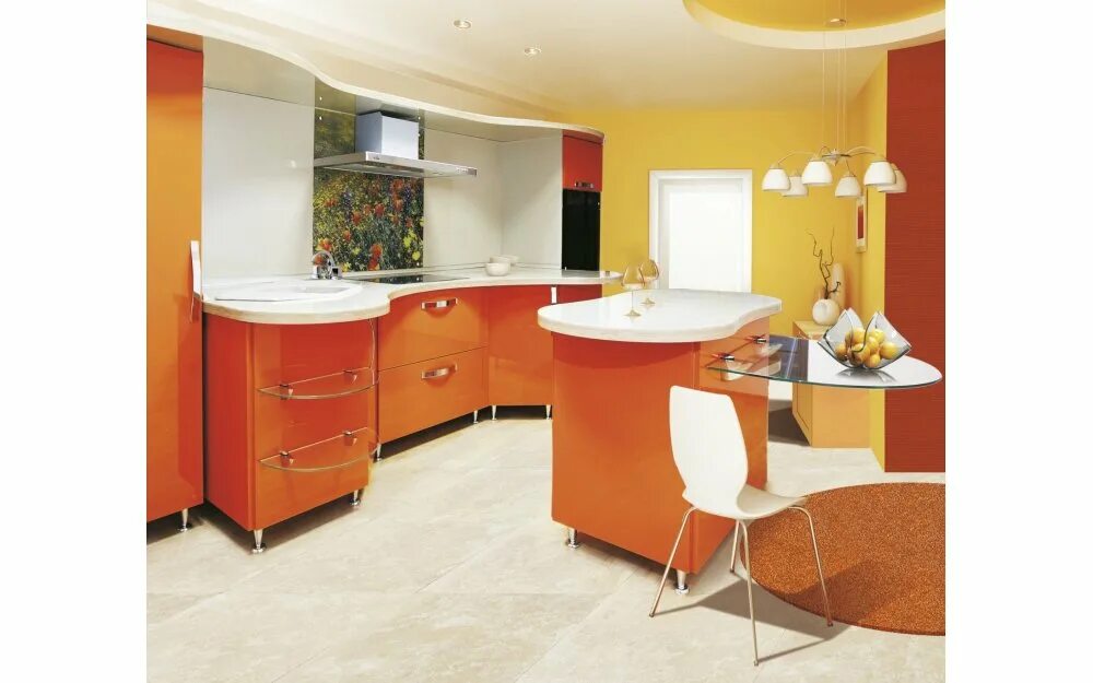 Купить акриловую кухню. Кухонный гарнитур оранжевого цвета. Интерьер кухни в оранжевых тонах. Желто оранжевая кухня. Оранжевые стены на кухне.