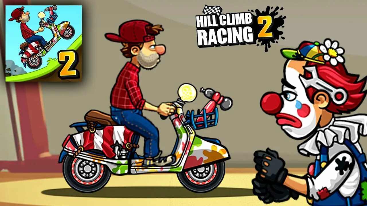 Клоун 2 играть. Hill Climb Racing 2. Scooter Hill Climb 2. Клоун на самокате. Хиллс самокат.