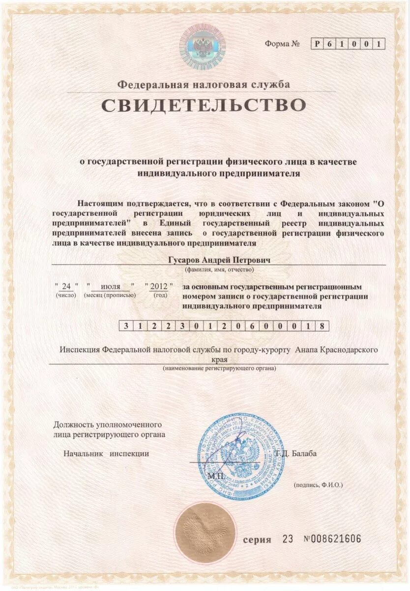 Сведения о регистрации в качестве индивидуального предпринимателя. Свидетельство индивидуального предпринимателя.