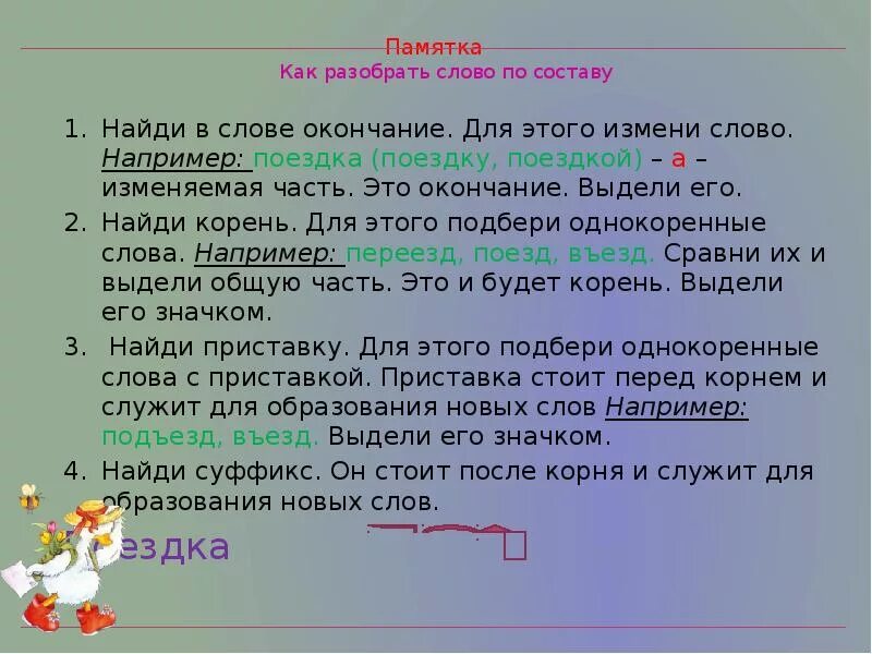 Окончание в слове узнает. Разбор слова путешествие. Разбор по составу памятка. Памтка как рабирать сово по составу. Разбор слова по составу памятка.