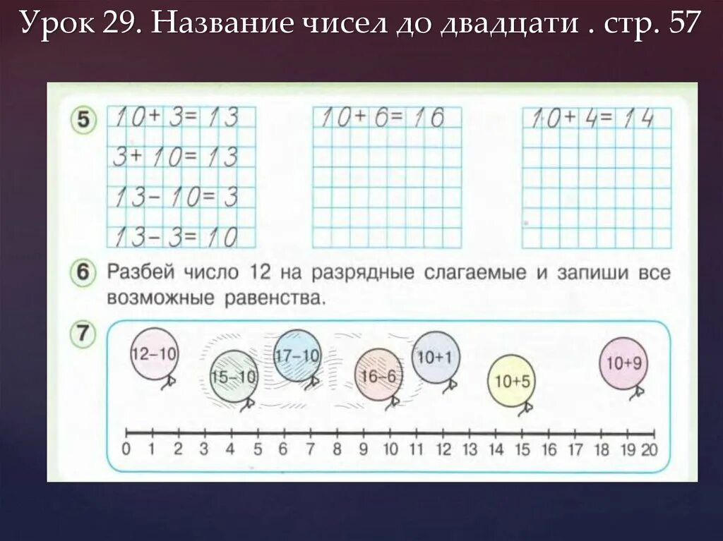 Количество разбиений на различные слагаемые. Упражнения "нумерация чисел". Нумерация задания для детей. Разбить число 12 на разрядные слагаемые. Нумерация урок 2 класс.