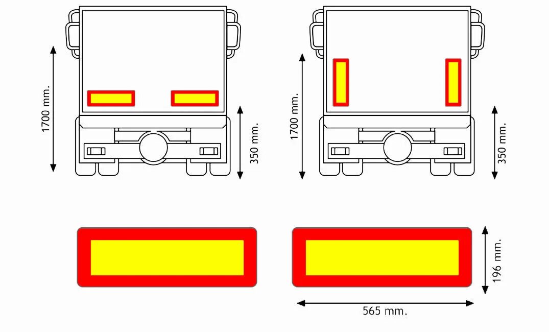 Знак автопоезда должен быть включен. Задние опознавательные знаки для грузовиков, RF 70.01. Задний опознавательный знак для прицепов и полуприцепов. Опознавательный знак длинномерное транспортное средство.