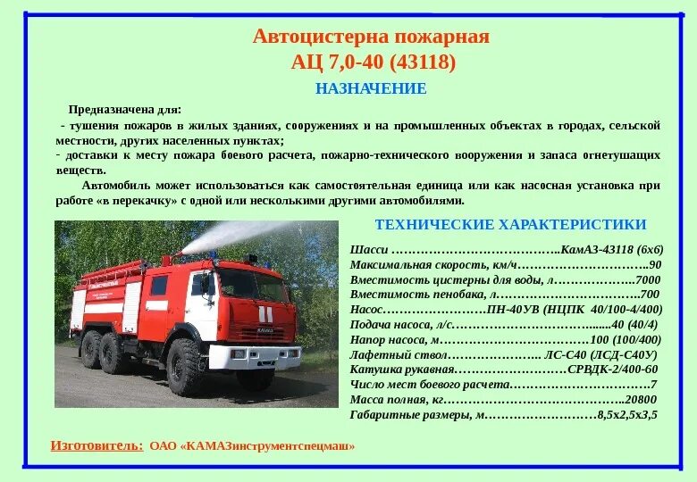 Пожарные автомобили конспект мчс. ТТХ пожарной АЦ-7,0-40 (43118). Пожарный автомобиль АЦ 7,0 40 ТТХ. ТТХ пожарных автоцистерн. Пожарный автомобиль АЦ 7.0 КАМАЗ чертеж.