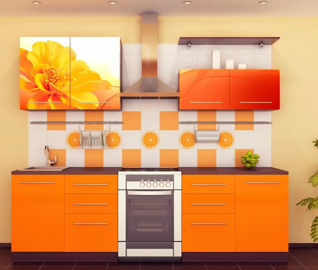 Сайт кухни пенза. Стеновая панель оранжевая для кухни. Оранжевые обои на кухне. Оранжевый кухонный гарнитур с росписью. Кухонный фартук с оранжевым орнаментом.