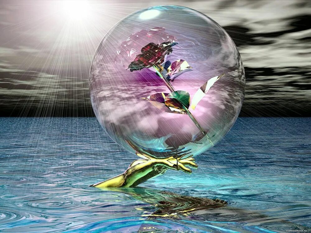 Цветы в стеклянном шаре. Сказочные цветы. Цветы в сосуде. Цветы на воде. Стеклянный звон