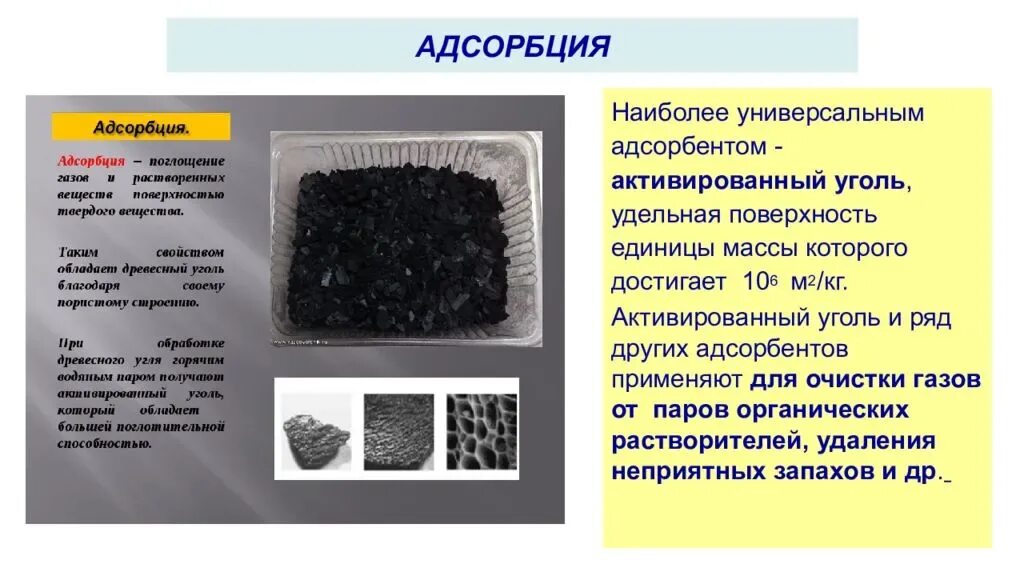 Адсорбция 9 класс. Адсорбация на примере активированного угля. Адсорбционные свойства активированного угля формула. Удельная поверхность адсорбции угля. Сорбенты или адсорбенты.