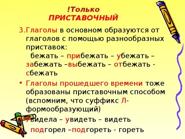 Приставочный способ словообразования глагол. Глаголы образованные приставочным способом. Приставочный способ примеры. Способы образования глаголов.