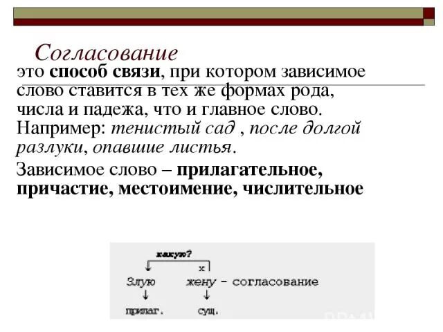 Слова согласуются в роде. Согласование способ связи при котором Зависимое слово. Согласование главное и Зависимое слово. Зависимое слово ставится в той же форме что и главное. Согласование это такой способ подчинительной связи при котором.