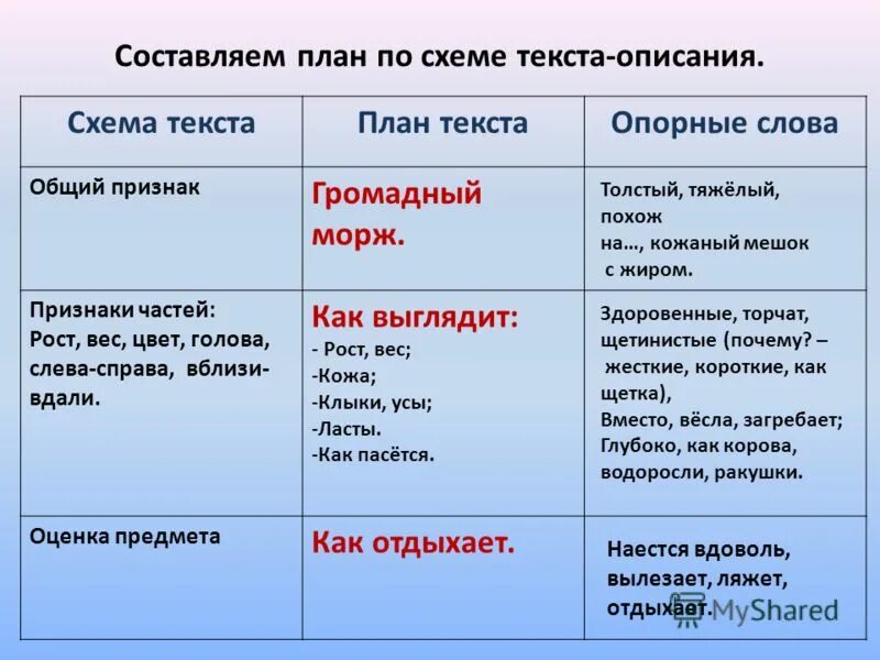 В каких предложениях текста описывают признаки. Текст описание. Составление текста описания. План текста описания. План составления текста описания.