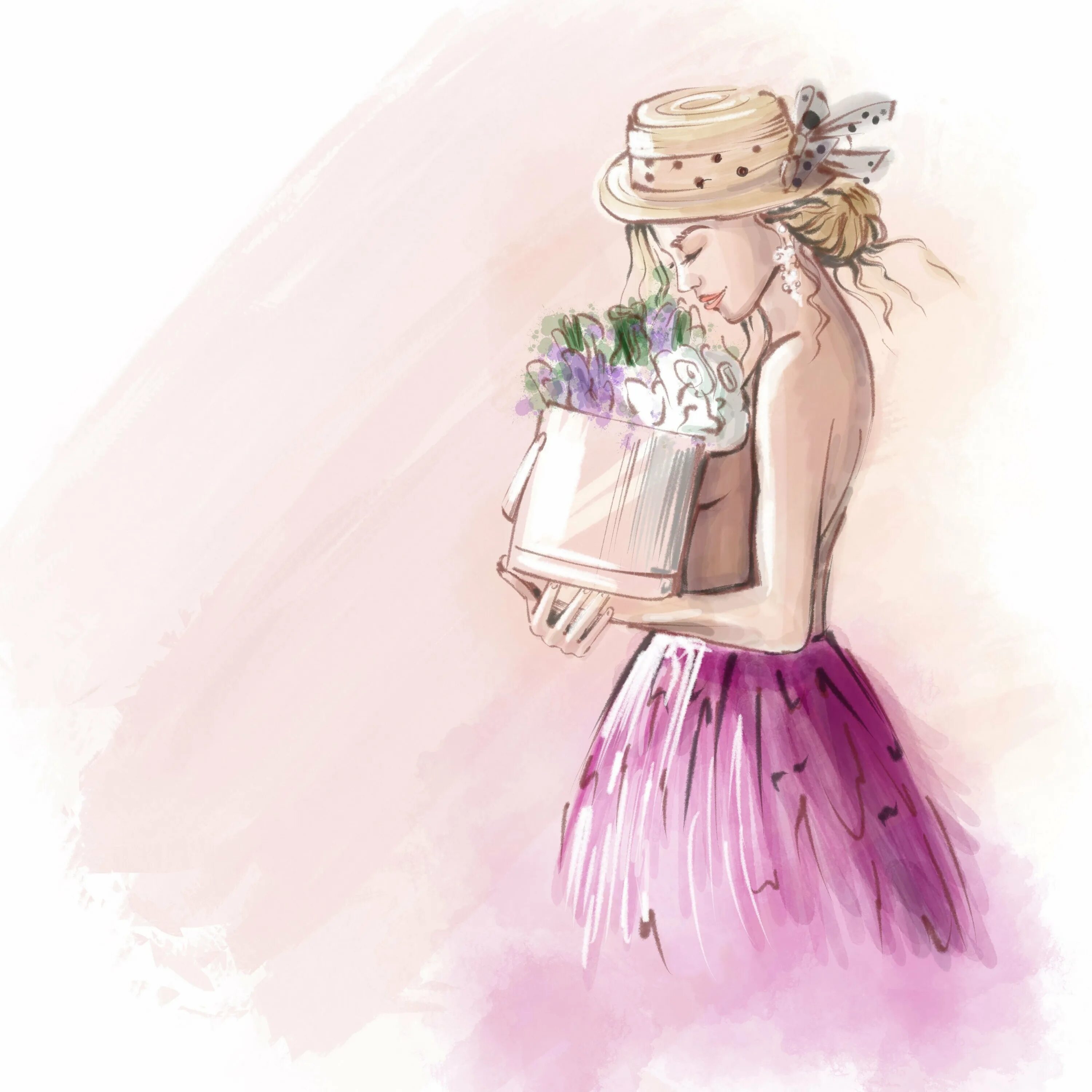 Розовая нарисованная девочка. Стильные иллюстрации. Девушка в шляпе. Нарисовать девушку. Модные иллюстрации.