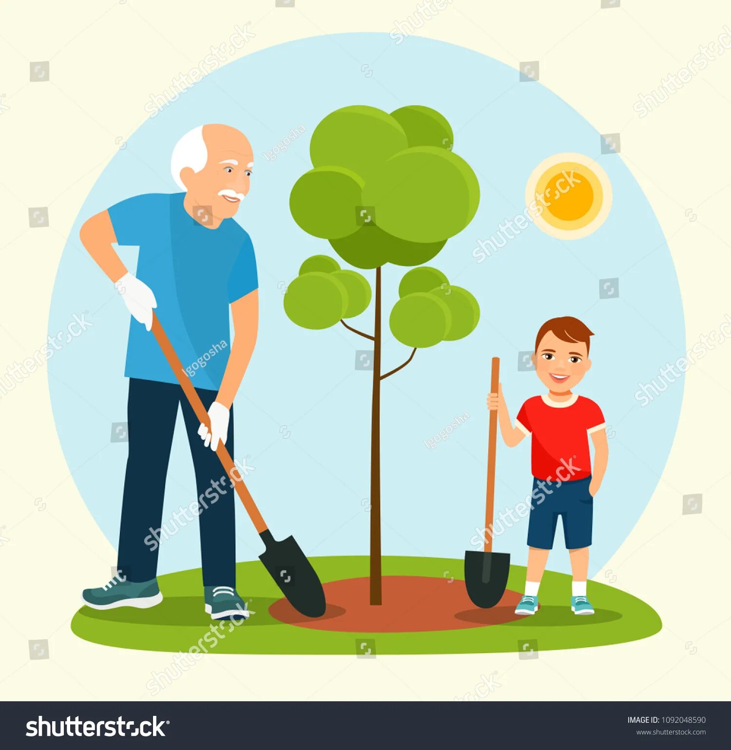 Дедушка сажает дерево. Внук и дедушка сажают дерево. Мальчик сажает дерево. Дети сажают деревья с дедушкой. Дедушка посадил дерево 54