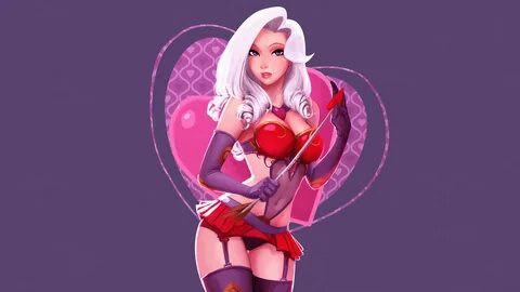 ...Ashe, League of Legends, big boobs, simple background, arrows, gloves, p...