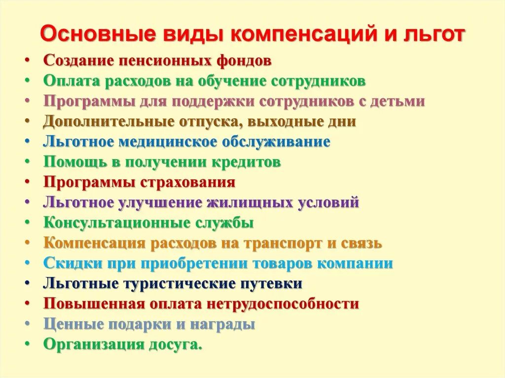 Привилегии виды. Виды льгот и компенсаций. Основные виды компенсаций. Основные виды льгот. Основная функция отдела компенсаций и льгот.