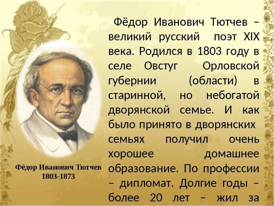 Основная мысль текста овстуг. Фёдор Иванович Тютчев биография для 3 класса.