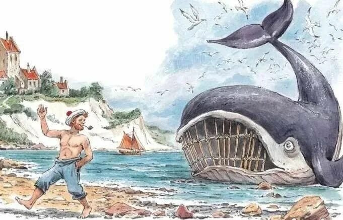 Иллюстрация Рыба-кит в стиле детский, живопись, книжная графика