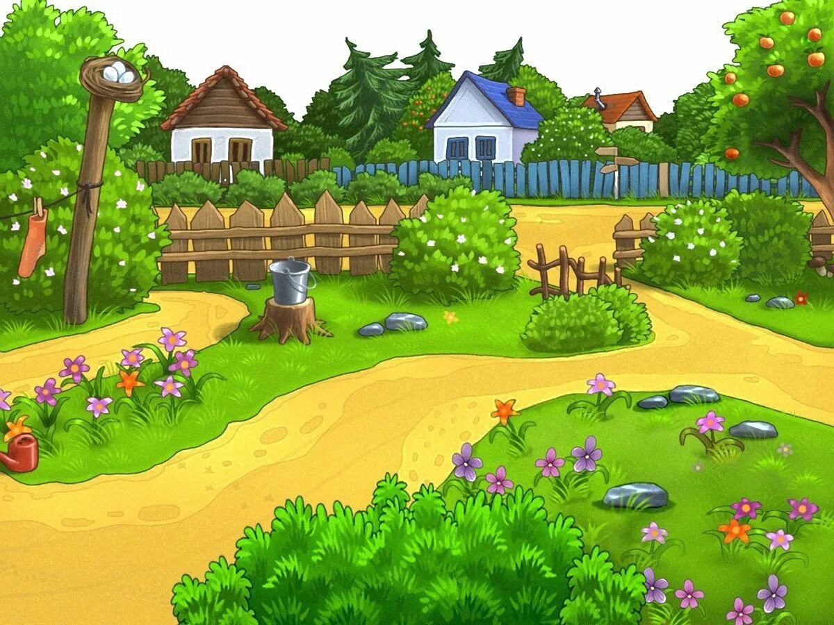 Сад мультяшный. Мультяшная домик с огородом. Мультяшная деревня. Огород в деревне для детей.