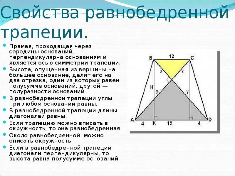 Свойства диагоналей равнобедренной трапеции. Свойства высоты в равнобедренной трапеции. Св-ва диагоналей трапеции равнобедренной. Свойства диагоналей в равнобедренной трапеции свойства. Диагональ трап